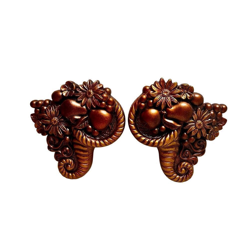 Lot Of 2 Vintage Wall Hanging Fruit Flowers MCM Decor Miller 60s Gold Chalkware